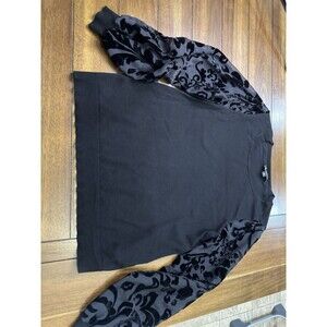INC Black Knit Sweater w/sheer floral velvet sleeves XL